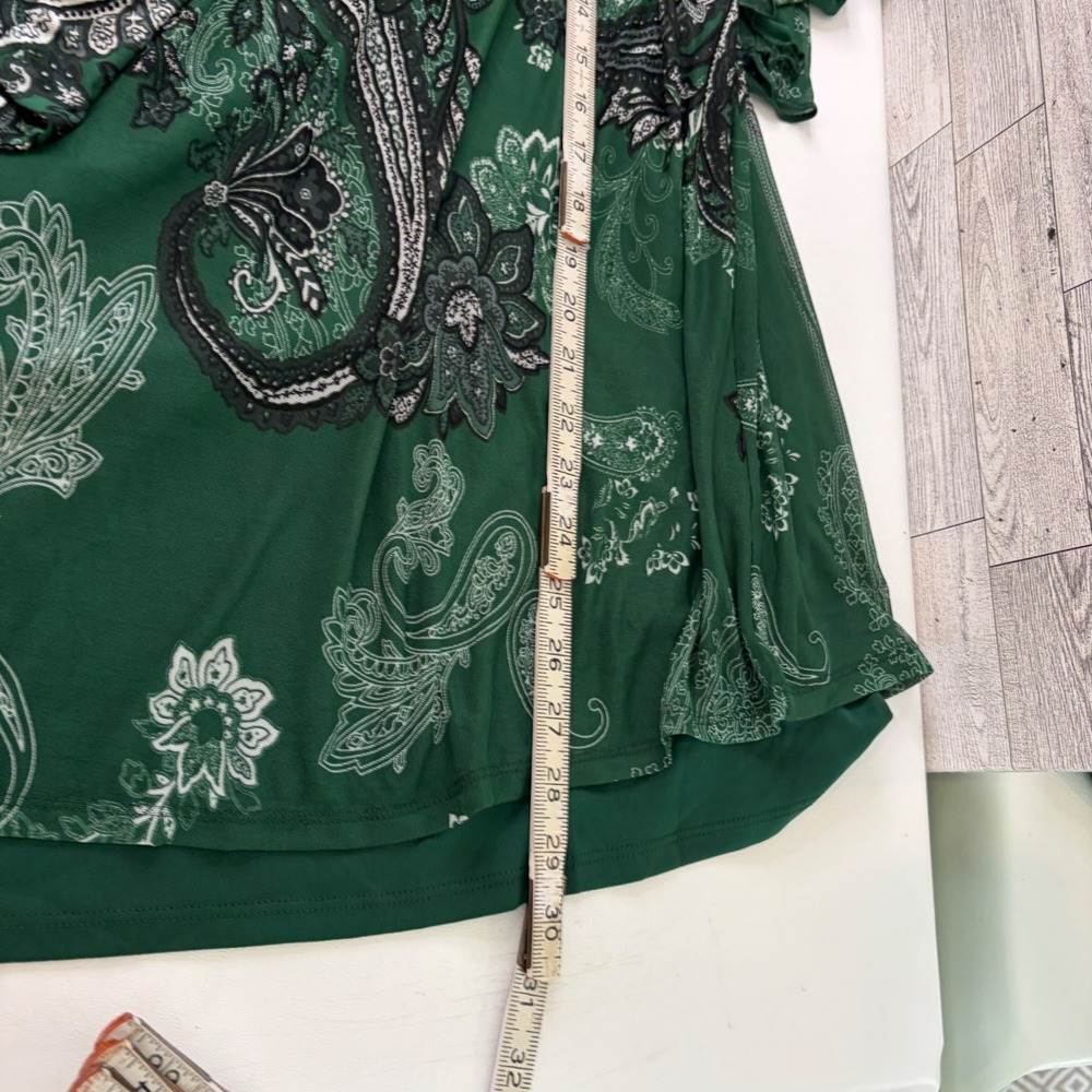 Cato Blouse Womens 18/20W Green Paisley Tie Neck Tiered Bell Sleeve Mesh Overlay - Picture 7 of 10
